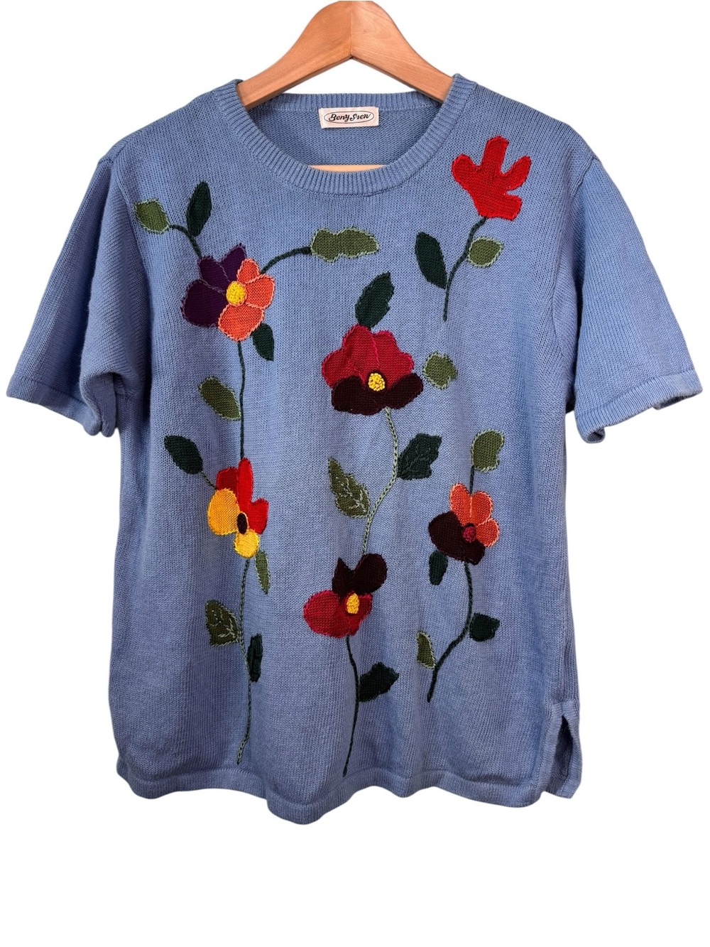 Vintage Japanese Linen Blend Floral Sweater Large 3D Embroidered Short Sleeve
